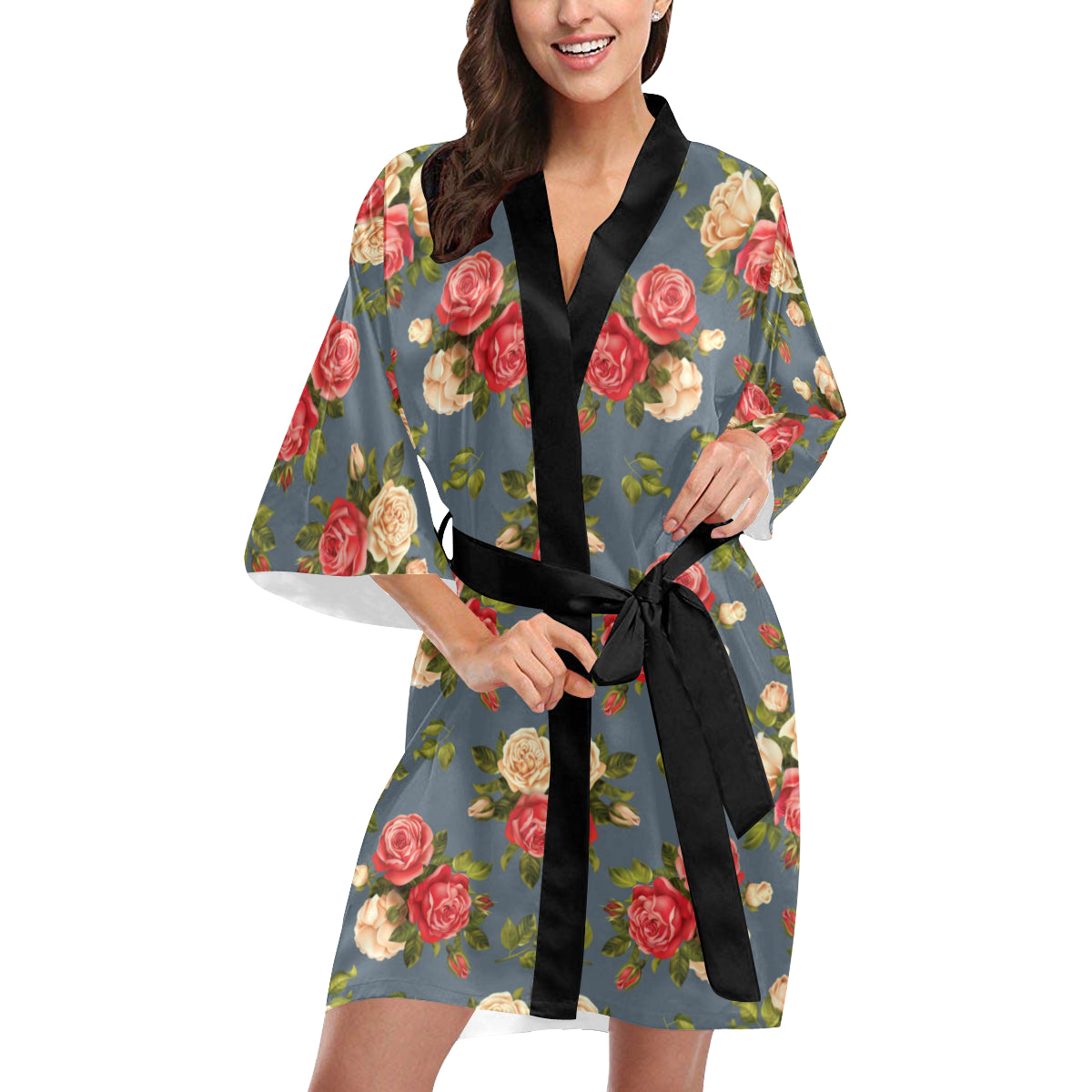 Rose Pattern Print Design RO017 Women's Short Kimono