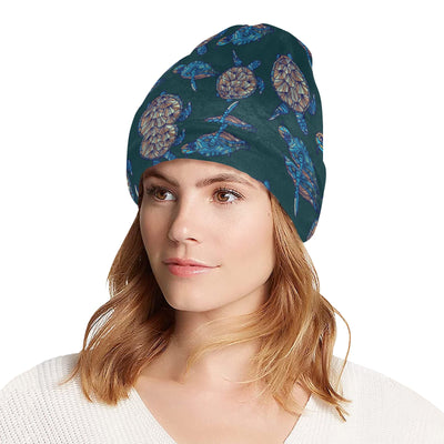 Sea Turtle Hand Drawn Blue Print Unisex Beanie