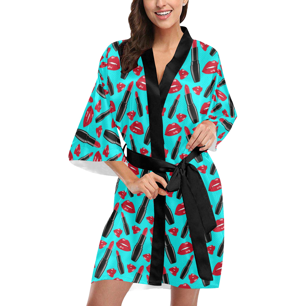 Lipstick Pattern Print Design LT02 Women's Short Kimono