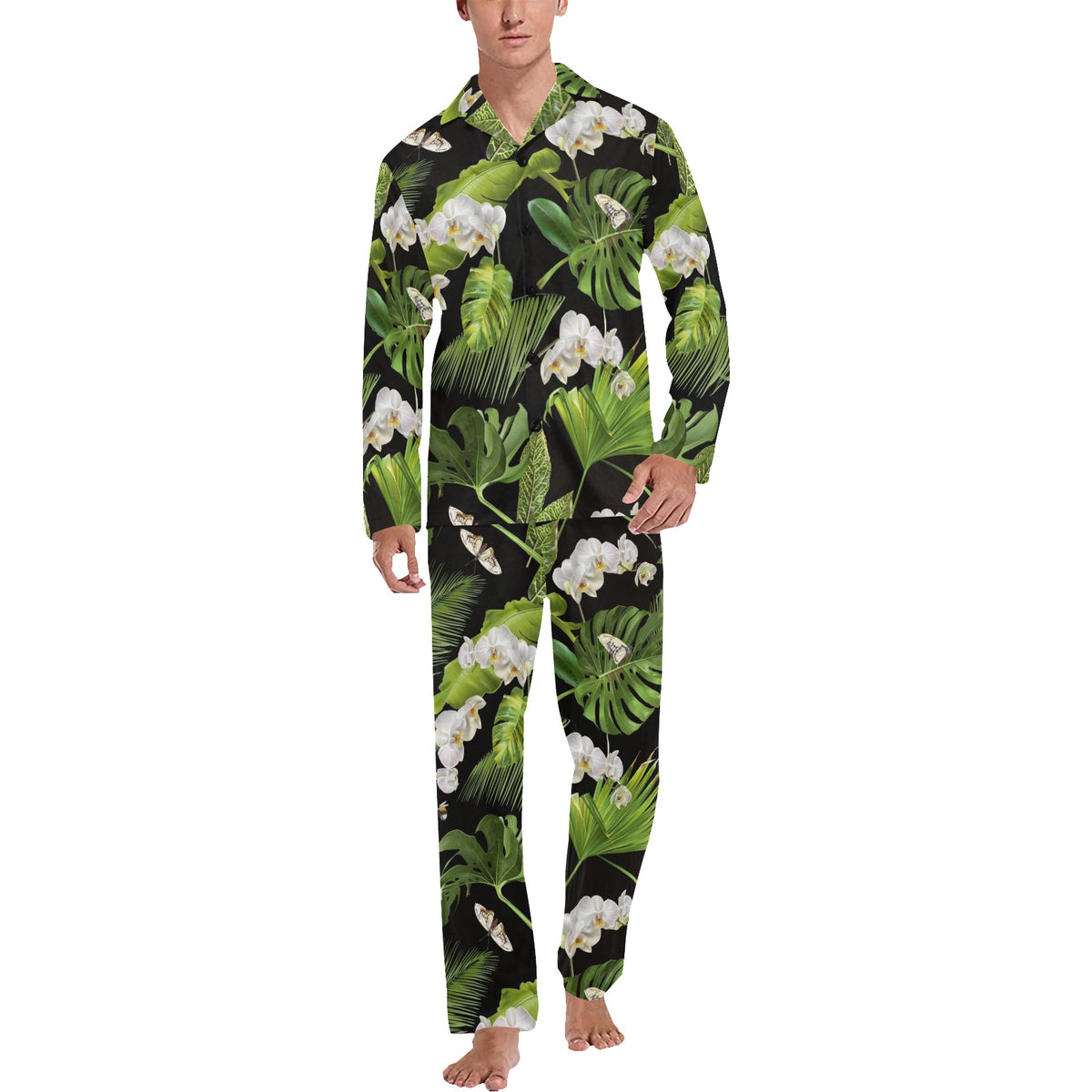 Tropical Flower Pattern Print Design TF026 Men's Long Sleeve Pajama Set