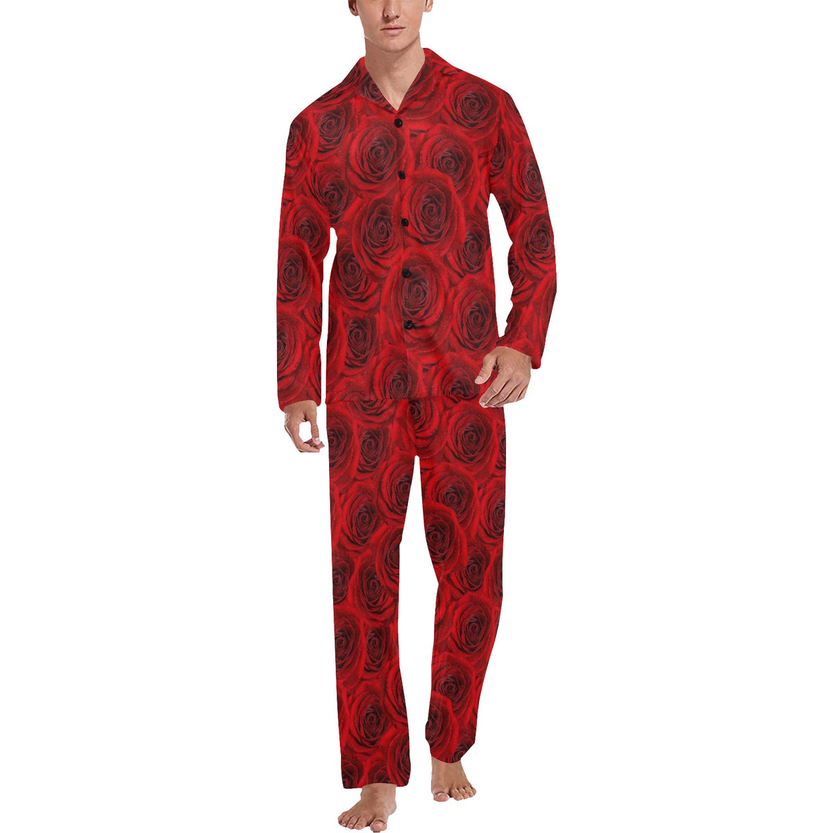 Rose Red Pattern Print Design RO04 Men's Long Sleeve Pajama Set