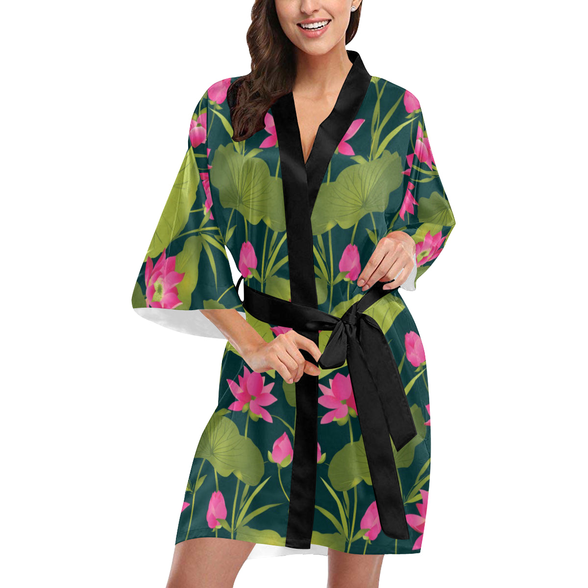 Water Lily Pattern Print Design WL09 Women's Short Kimono