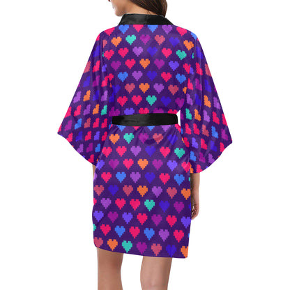 Heart Pixel Pattern Print Design HE03 Women's Short Kimono