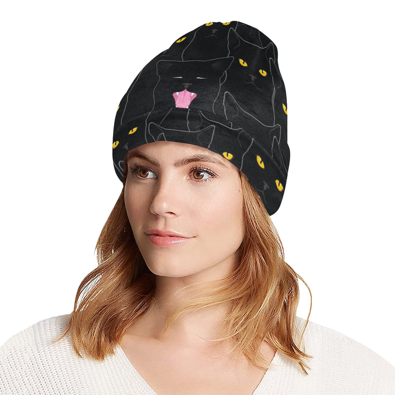 Black Cat Yellow Eyes Print Pattern Unisex Beanie