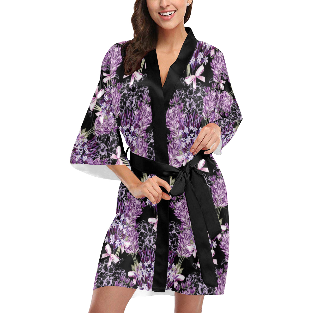Lavender Pattern Print Design LV06 Women's Short Kimono