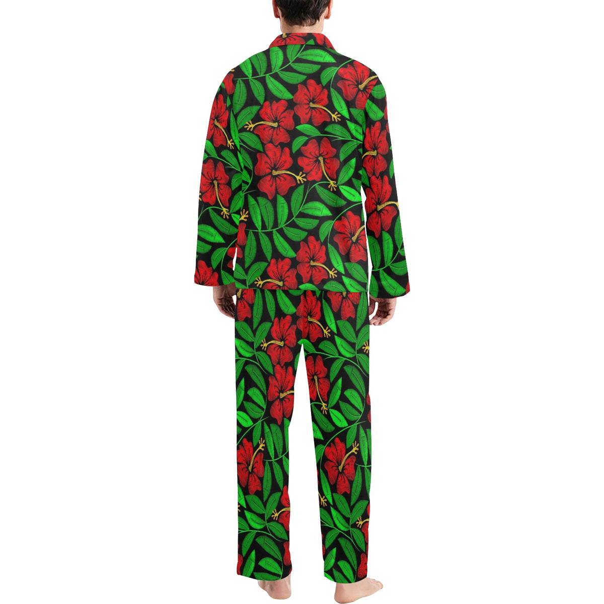 Red Hibiscus Embroidered Pattern Print Design HB032 Men's Long Sleeve Pajama Set