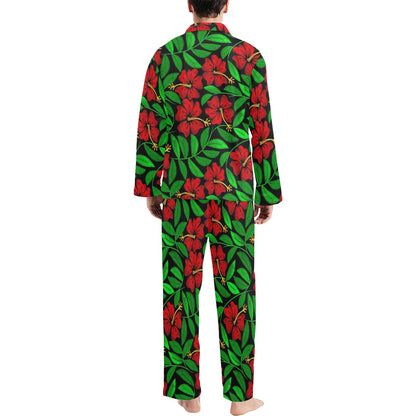 Red Hibiscus Embroidered Pattern Print Design HB032 Men's Long Sleeve Pajama Set