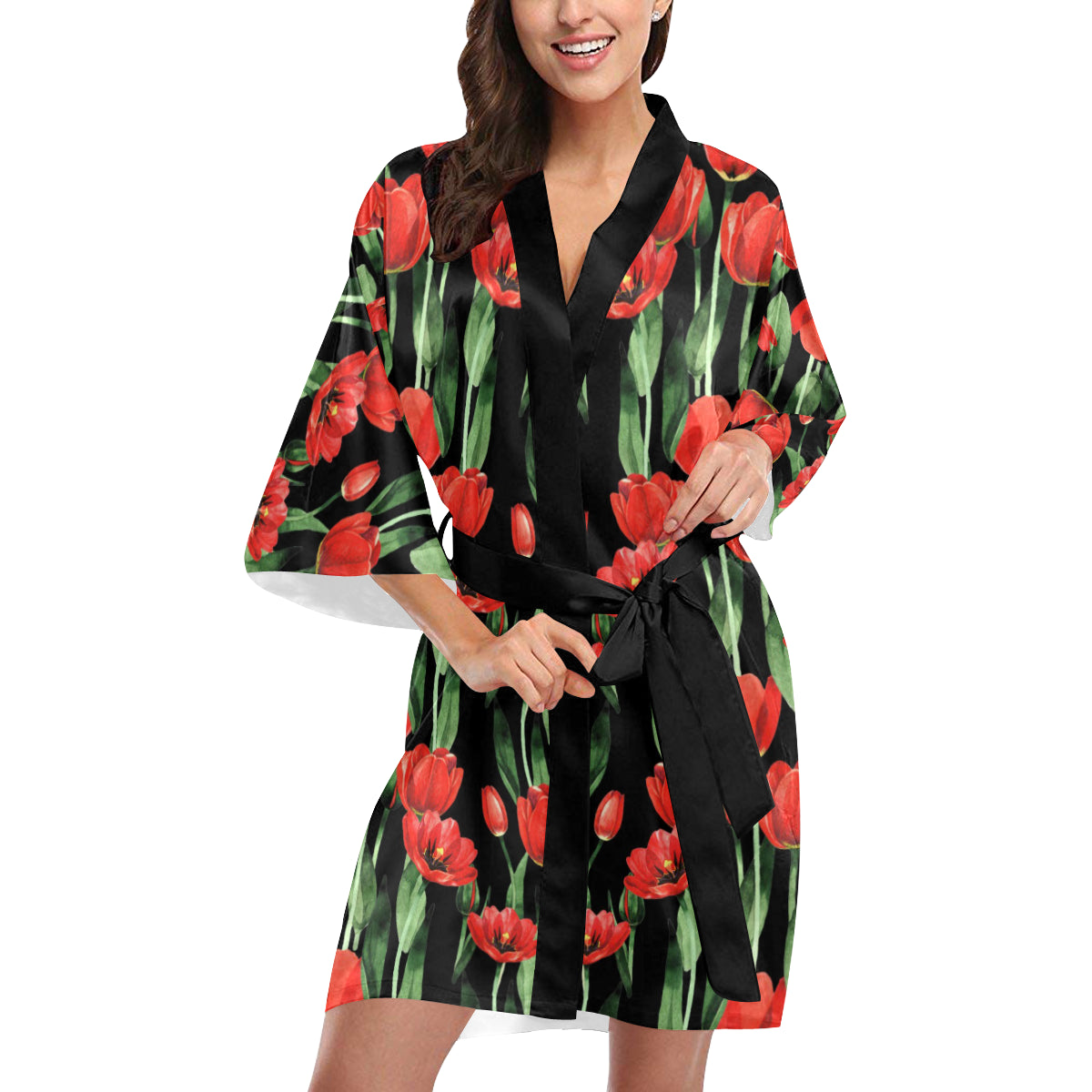Tulip Red Pattern Print Design TP03 Women's Short Kimono