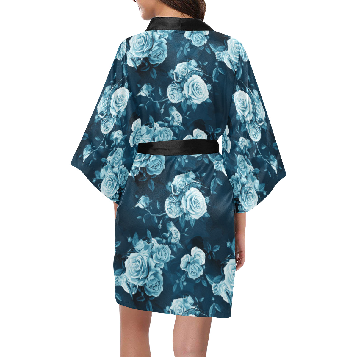 Rose Blue Pattern Print Design RO014 Women's Short Kimono