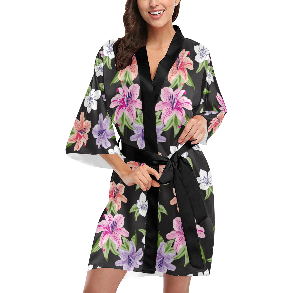 Lily Pattern Print Design LY02 Women's Short Kimono