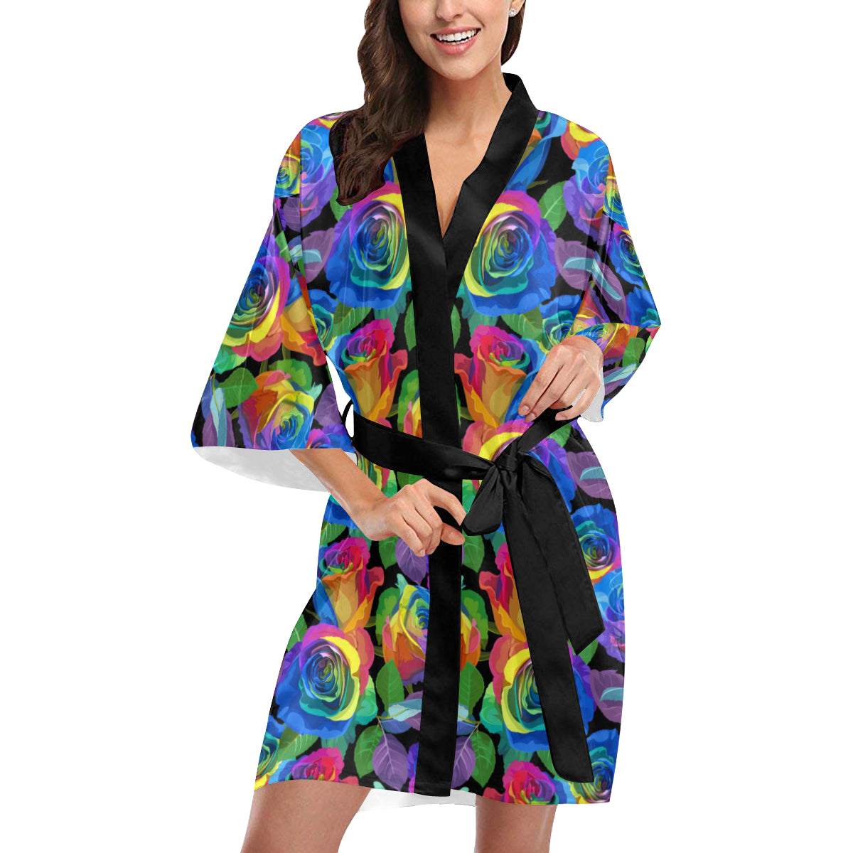 Rose Pattern Print Design RO02 Women's Short Kimono