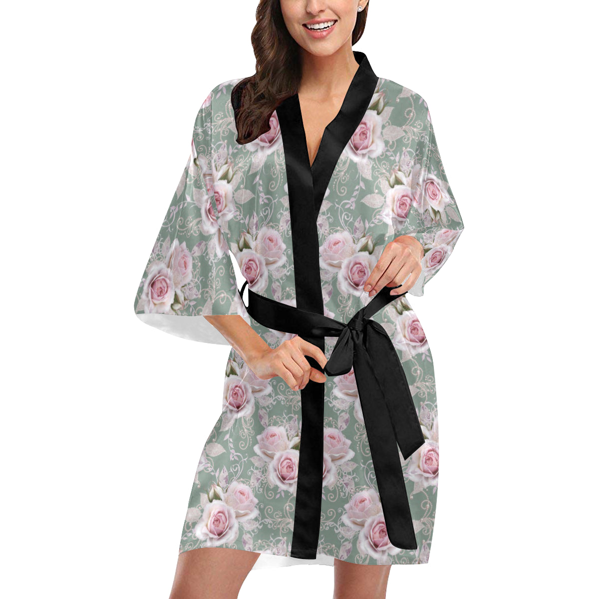 Rose White Pattern Print Design RO012 Women's Short Kimono