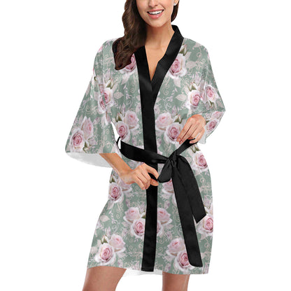 Rose White Pattern Print Design RO012 Women's Short Kimono