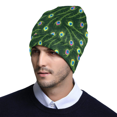 Peacock Feather Green Design Print Unisex Beanie