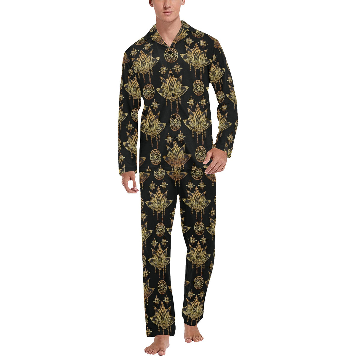 lotus Boho Pattern Print Design LO03 Men's Long Sleeve Pajama Set