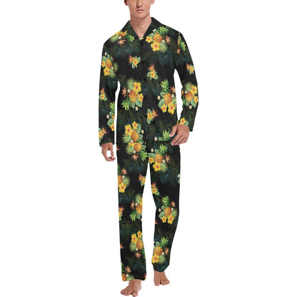 Pineapple Tropical Flower Print Pattern Men's Long Sleeve Pajama Set