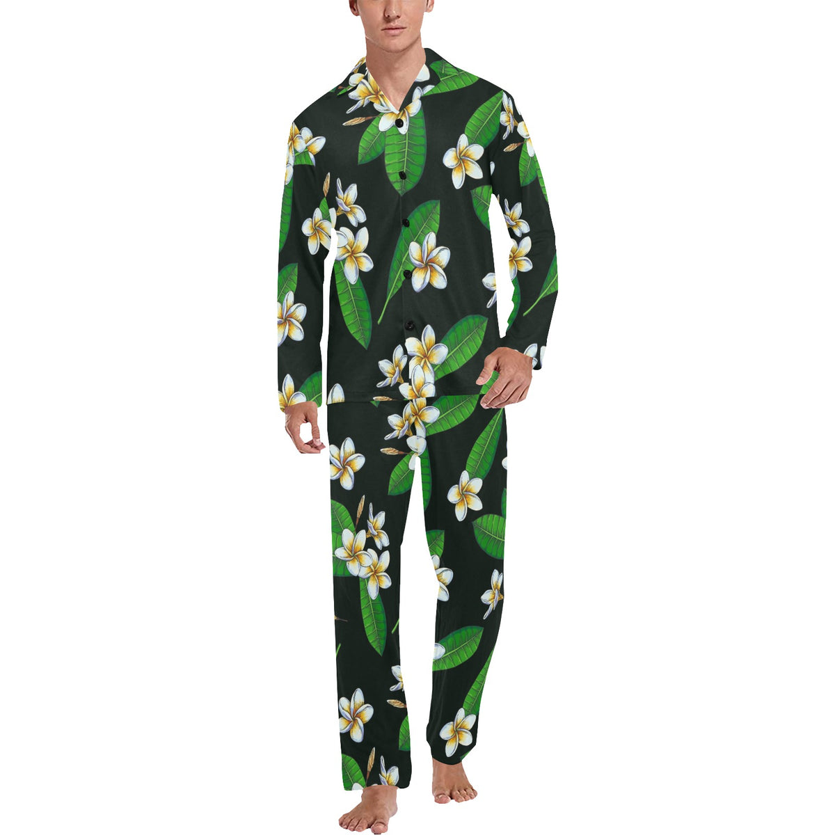 White Plumeria Pattern Print Design PM023 Men's Long Sleeve Pajama Set