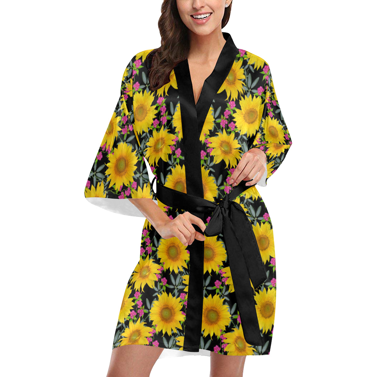 Sunflower Pattern Print Design SF014 Women's Short Kimono