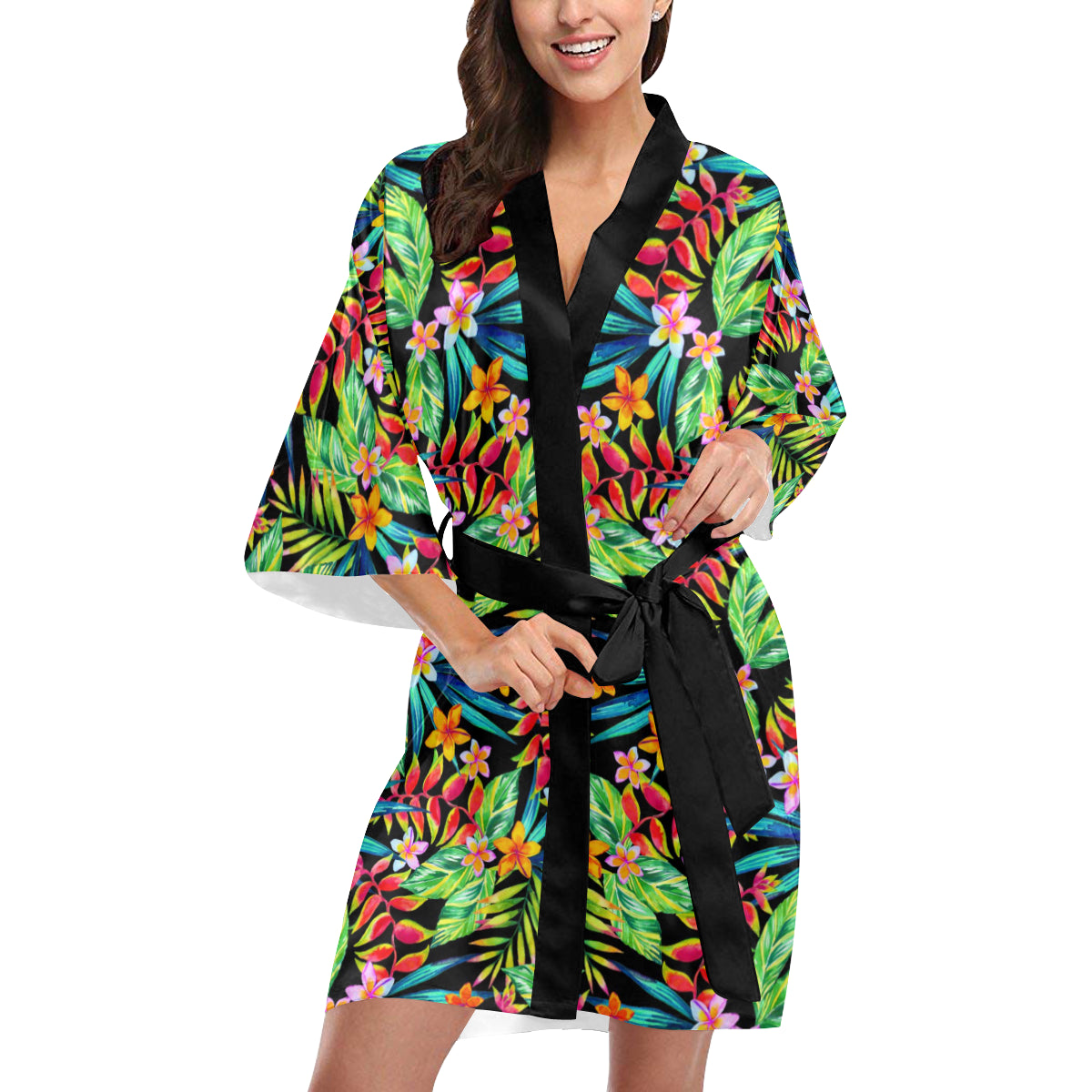 Heliconia Pattern Print Design HL09 Women's Short Kimono