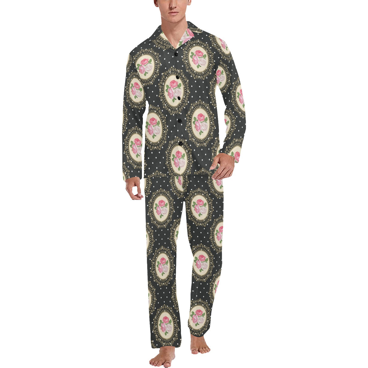 Rose Pattern Print Design RO015 Men's Long Sleeve Pajama Set