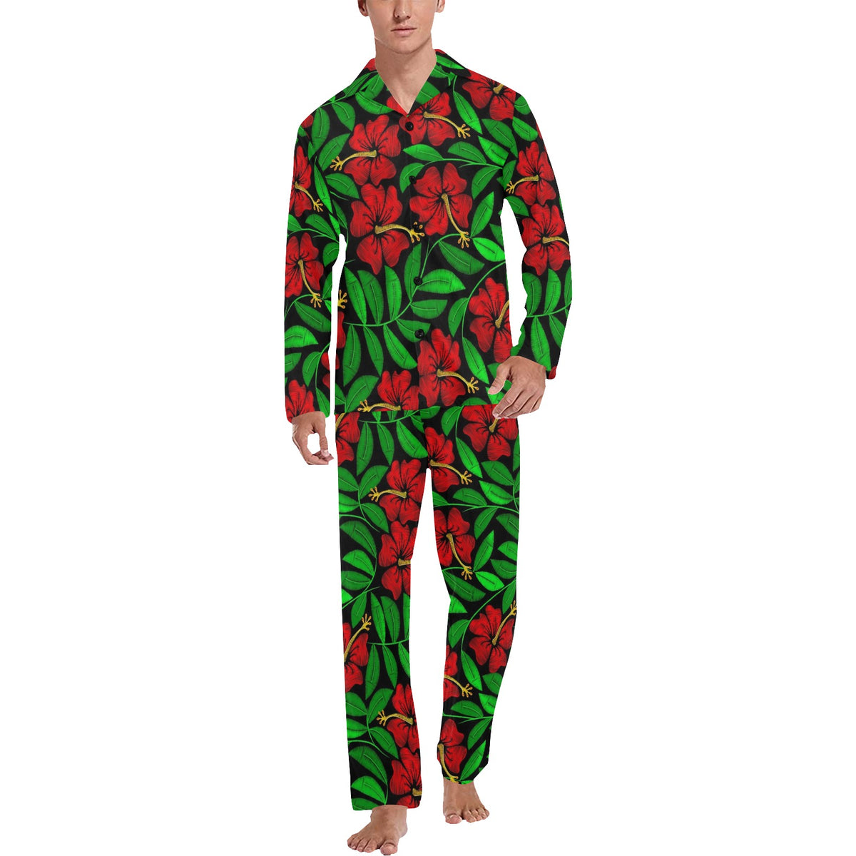Red Hibiscus Embroidered Pattern Print Design HB032 Men's Long Sleeve Pajama Set