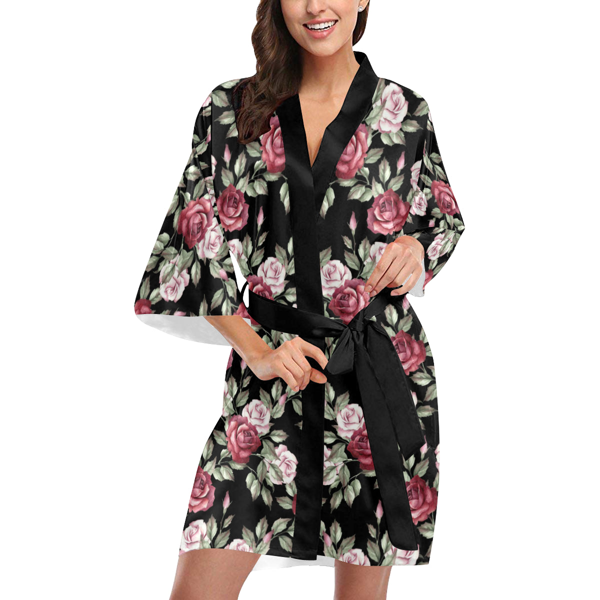 Rose Red Pink Pattern Print Design RO03 Women's Short Kimono