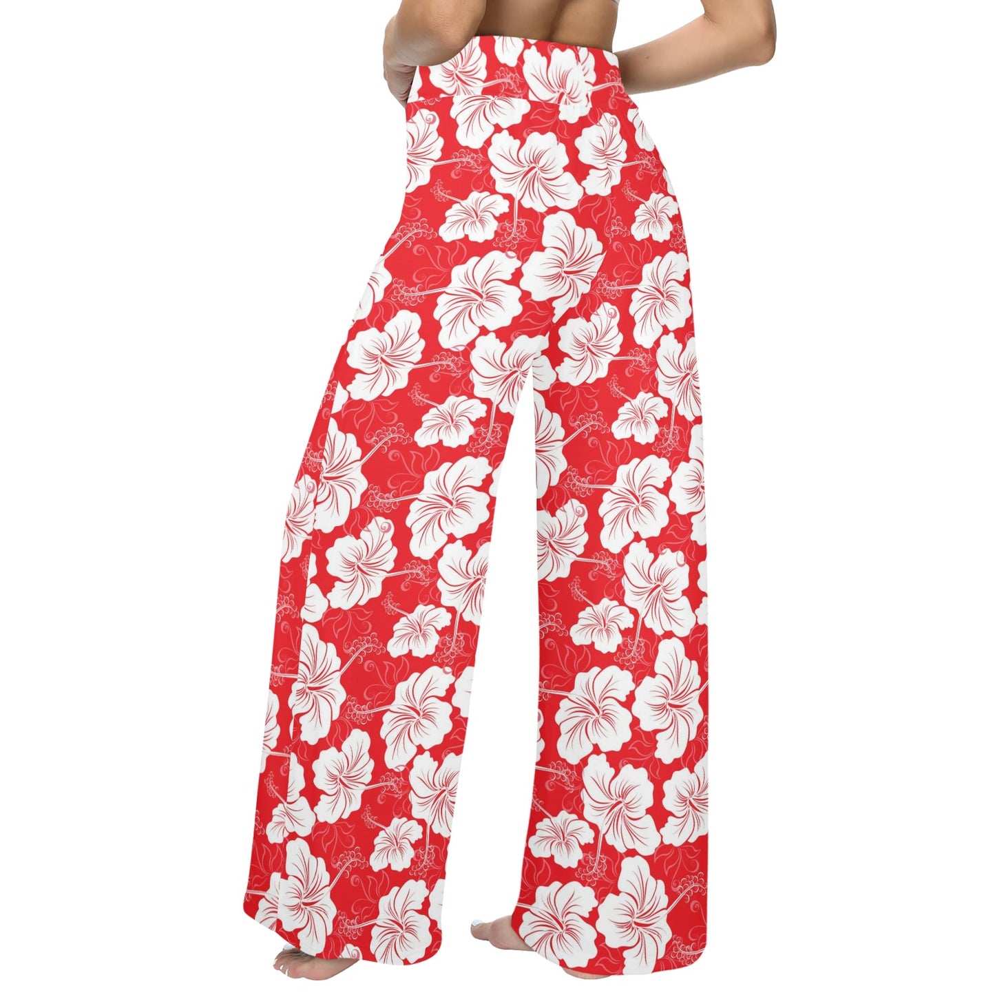 Flower Hawaiian Hibiscus Red Background Print Women's Wide Leg Lounge Pants