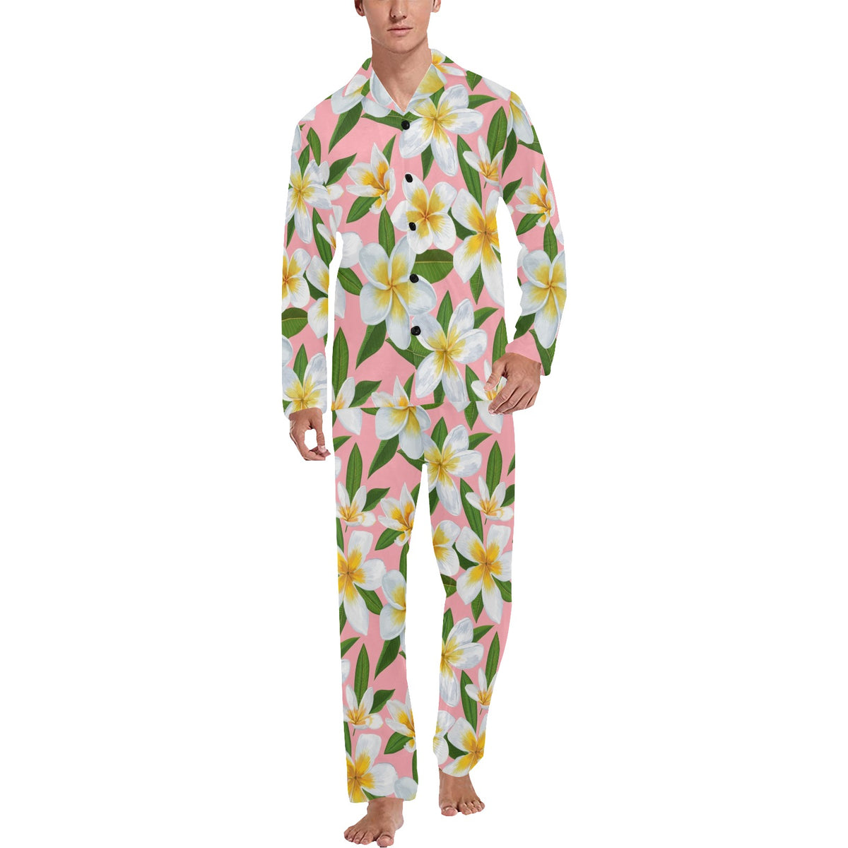 White Plumeria Pattern Print Design PM011 Men's Long Sleeve Pajama Set