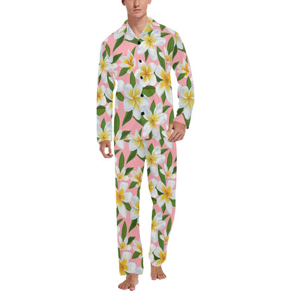 White Plumeria Pattern Print Design PM011 Men's Long Sleeve Pajama Set