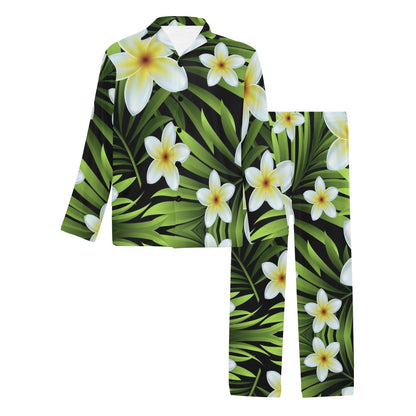 White Plumeria Pattern Print Design PM06 Men's Long Sleeve Pajama Set