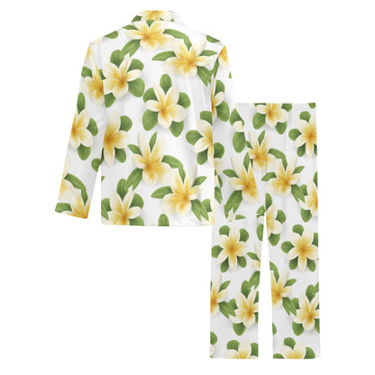 Yellow Plumeria Pattern Print Design PM012 Men's Long Sleeve Pajama Set