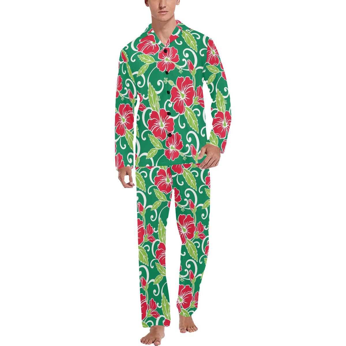 Red Hibiscus Pattern Print Design HB019 Men's Long Sleeve Pajama Set