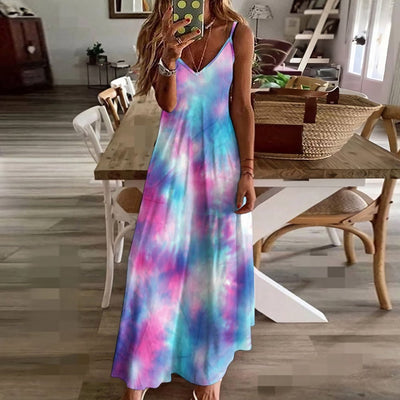 Tie Dye Blue Pink Long Maxi Dress