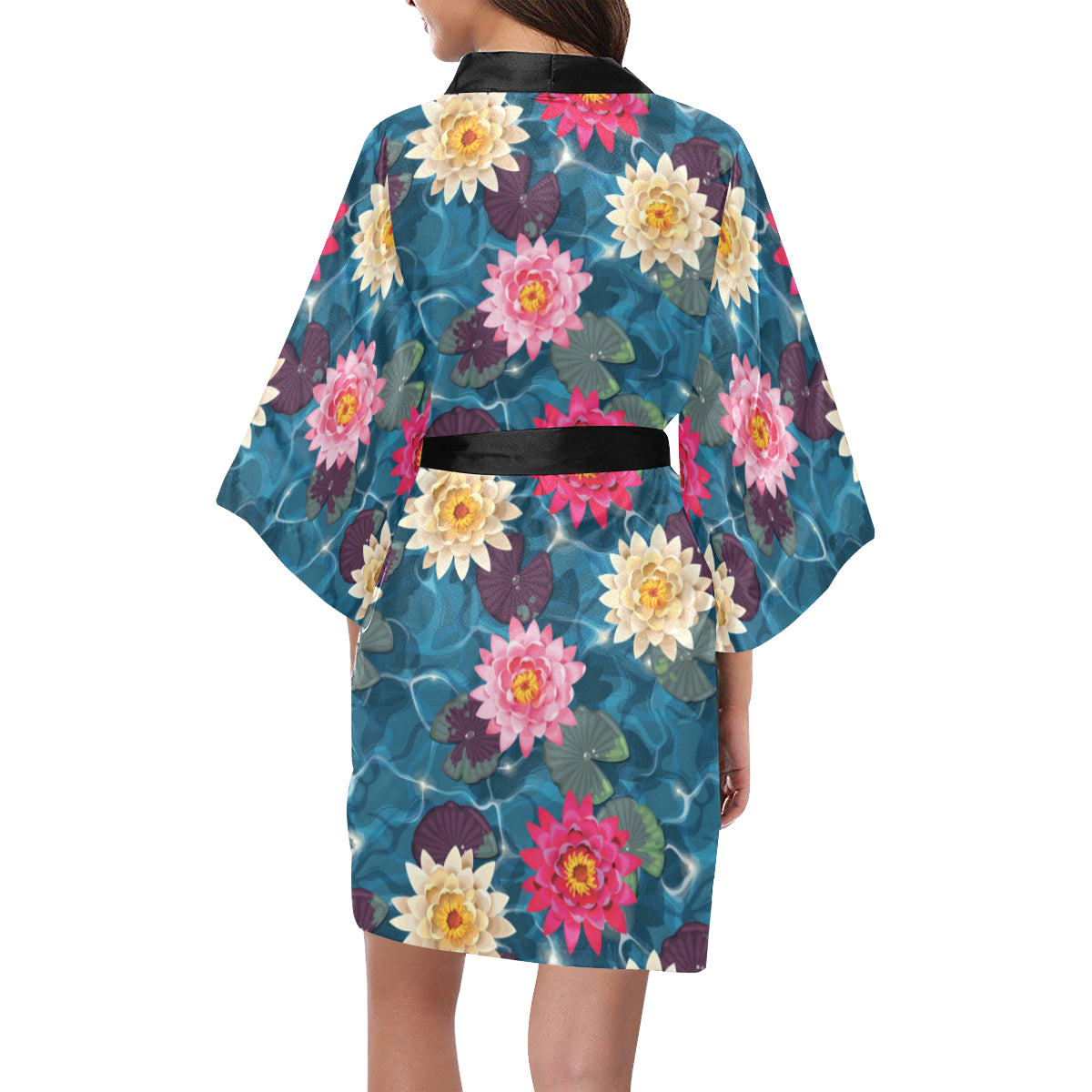 Water Lily Pattern Print Design WL05 Women's Short Kimono