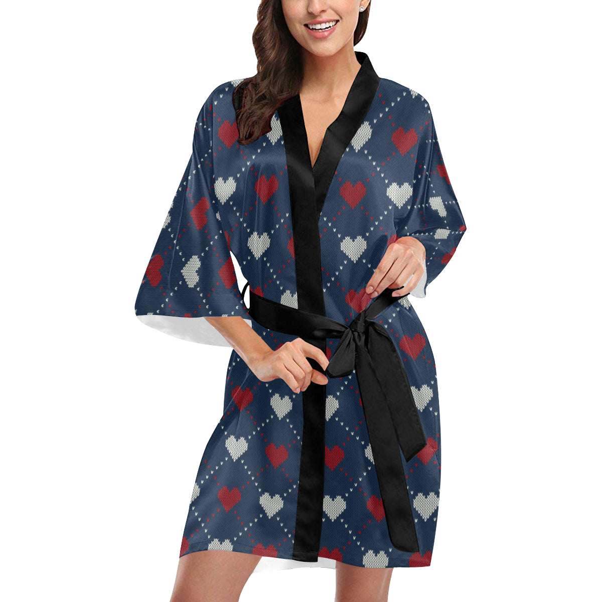Heart Knit Pattern Print Design HE05 Women's Short Kimono