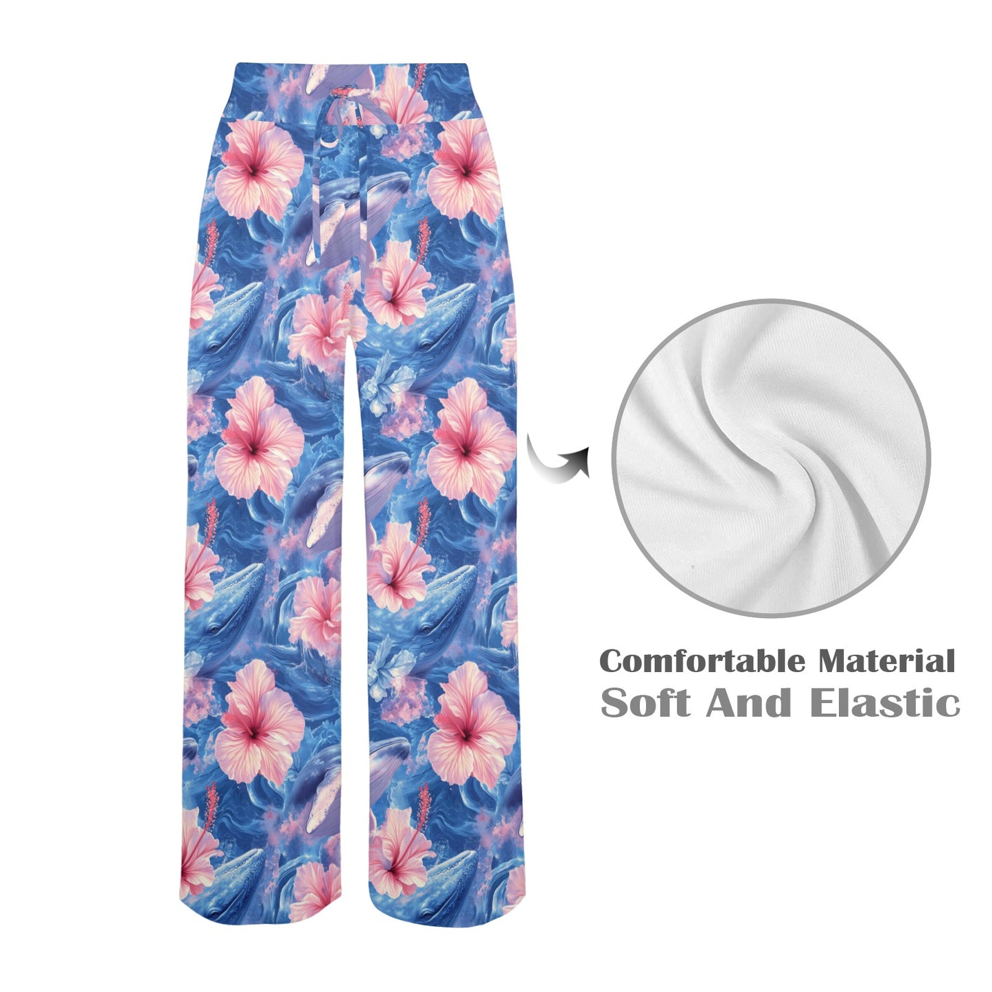 Tropical Whale and Hibiscus Flowers Seamless Pattern Women's Wide Leg Lounge Pants