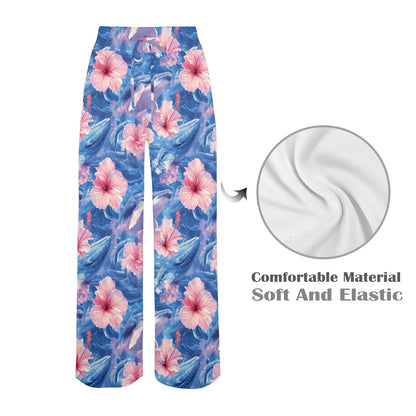 Tropical Whale and Hibiscus Flowers Seamless Pattern Women's Wide Leg Lounge Pants
