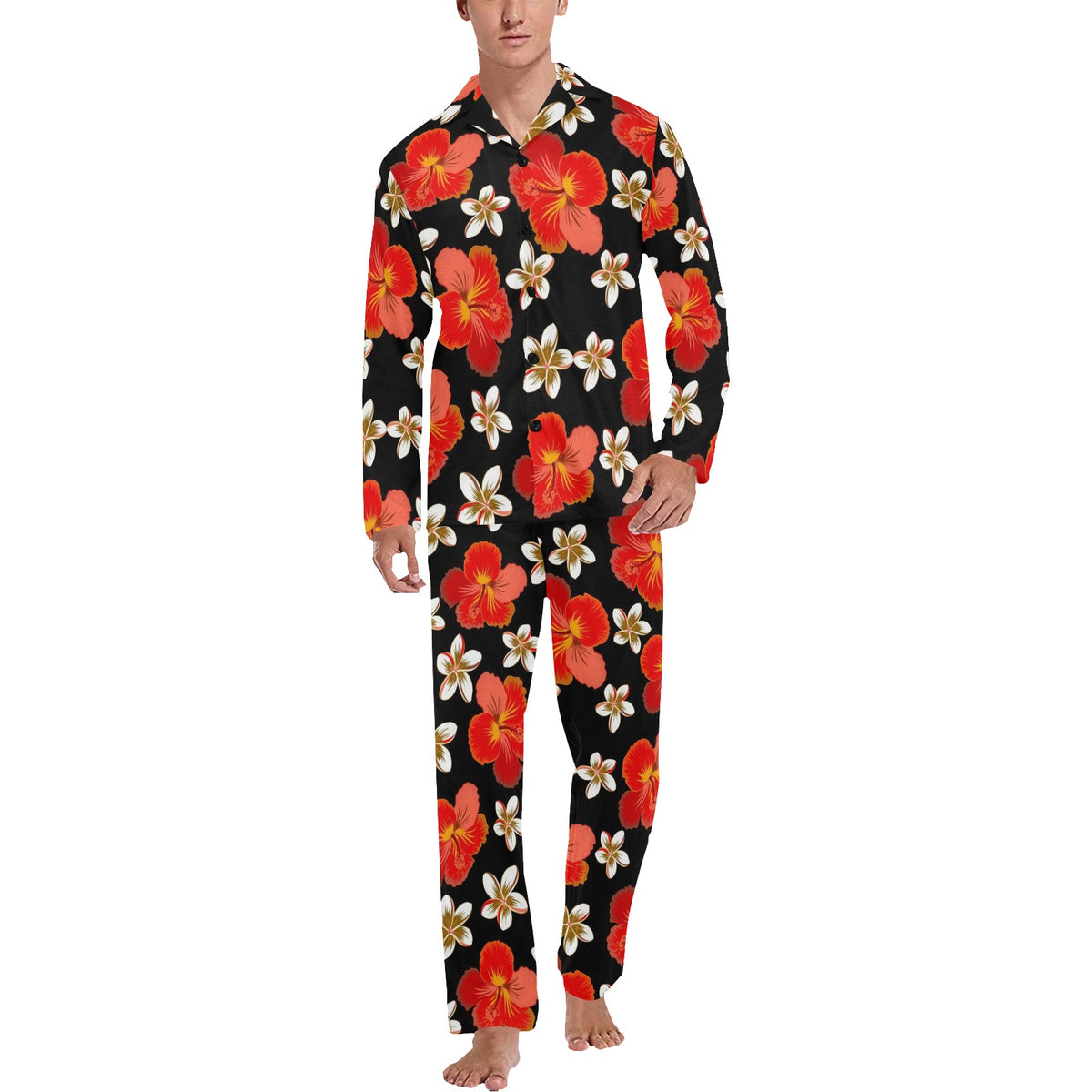 Red Hibiscus Pattern Print Design HB022 Men's Long Sleeve Pajama Set