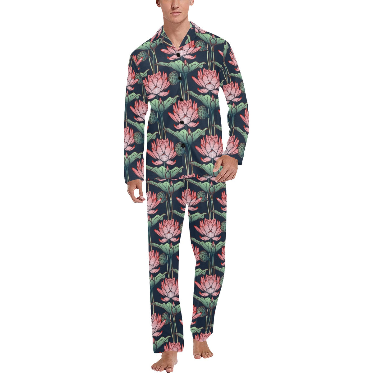 Water Lily Pattern Print Design WL03 Men's Long Sleeve Pajama Set