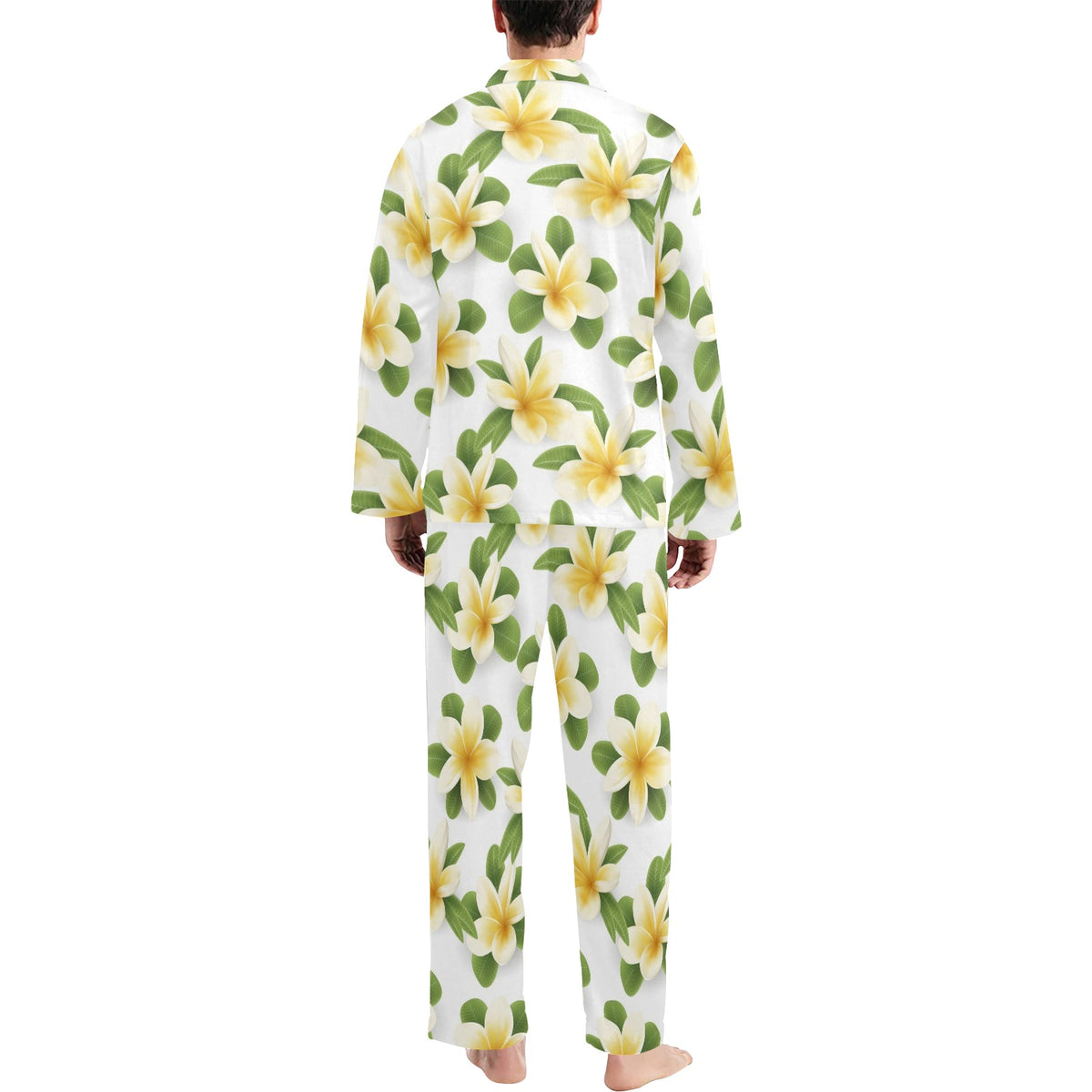 Yellow Plumeria Pattern Print Design PM012 Men's Long Sleeve Pajama Set