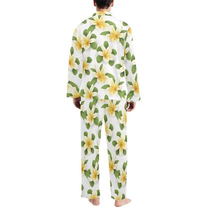 Yellow Plumeria Pattern Print Design PM012 Men's Long Sleeve Pajama Set