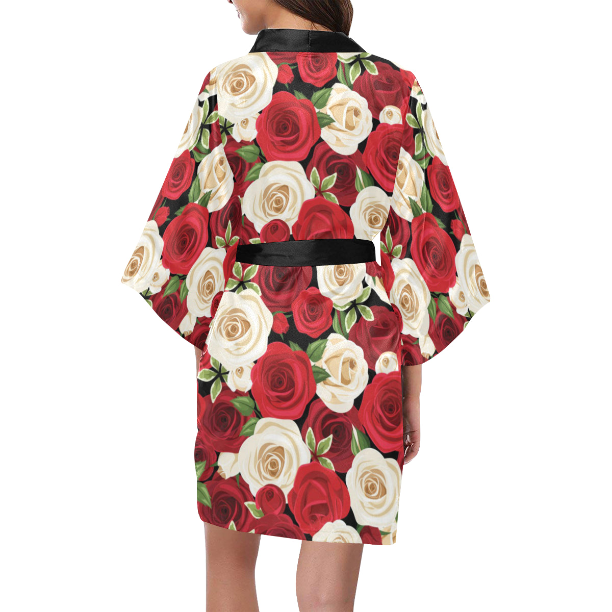 Rose Pattern Print Design RO06 Women's Short Kimono