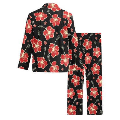 Red Hibiscus Pattern Print Design HB021 Men's Long Sleeve Pajama Set