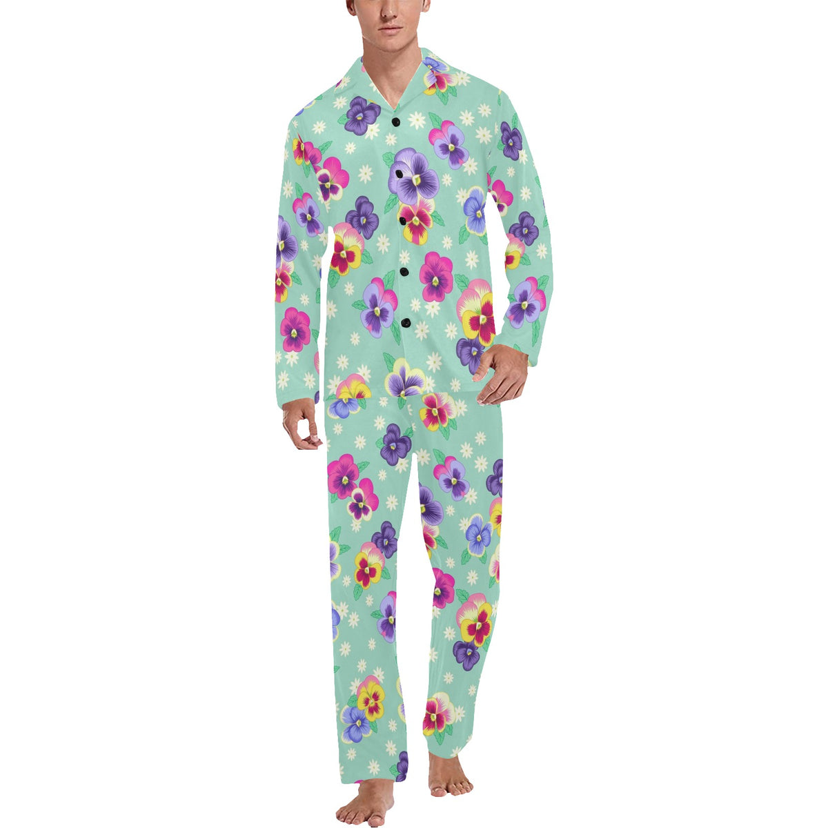 Pansy Pattern Print Design PS08 Men's Long Sleeve Pajama Set