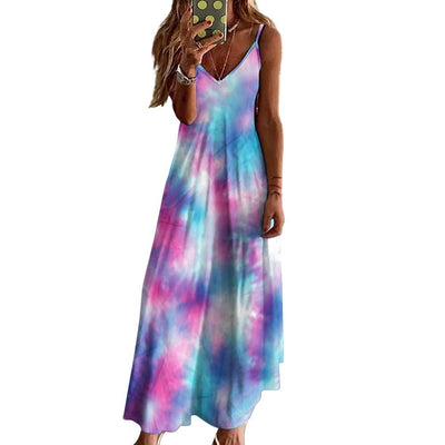 Tie Dye Blue Pink Long Maxi Dress