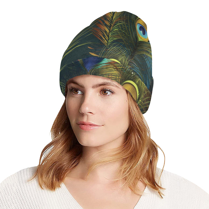 Peacock Feather Pattern Print Design A03 Unisex Beanie