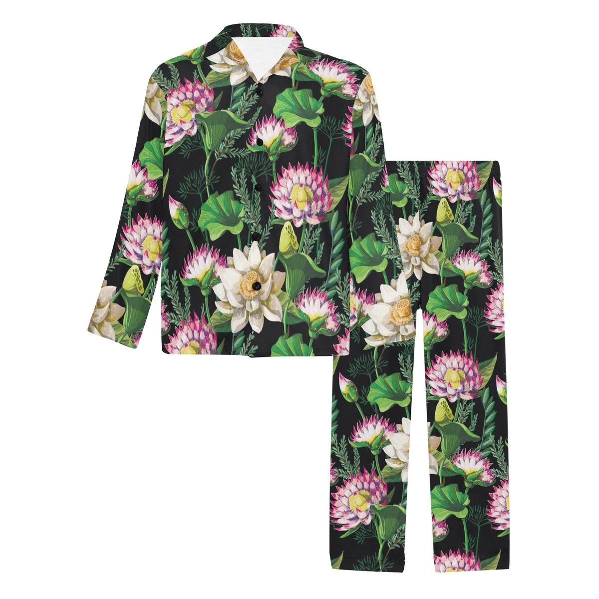 Water Lily Pattern Print Design WL010 Men's Long Sleeve Pajama Set