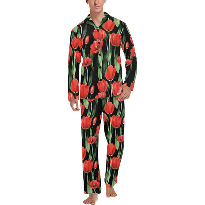 Tulip Red Pattern Print Design TP03 Men's Long Sleeve Pajama Set