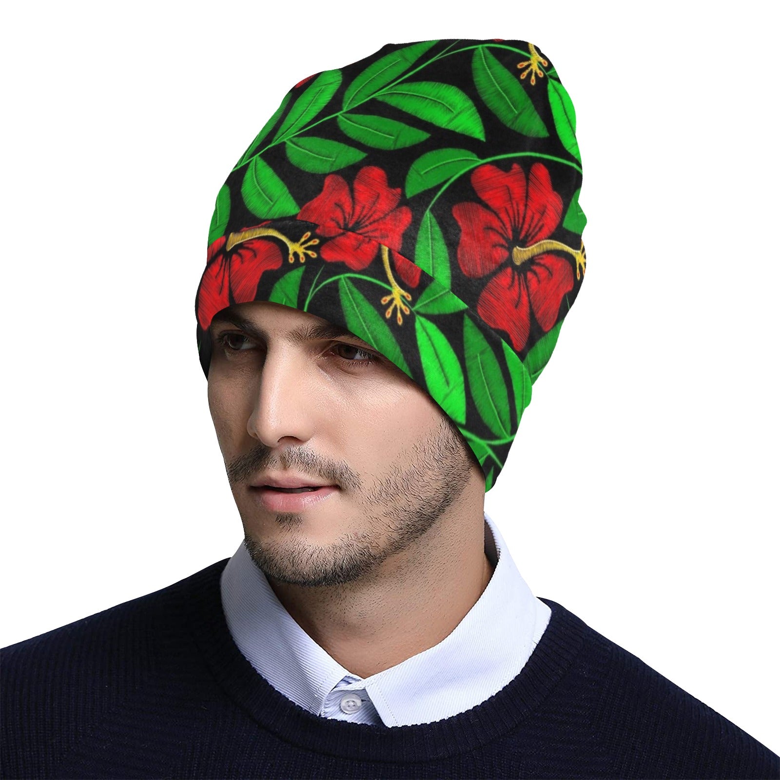 Red Hibiscus Embroidered Pattern Print Design HB032 Unisex Beanie