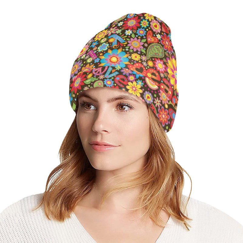 Flower Power Peace Paisley Themed Print Unisex Beanie